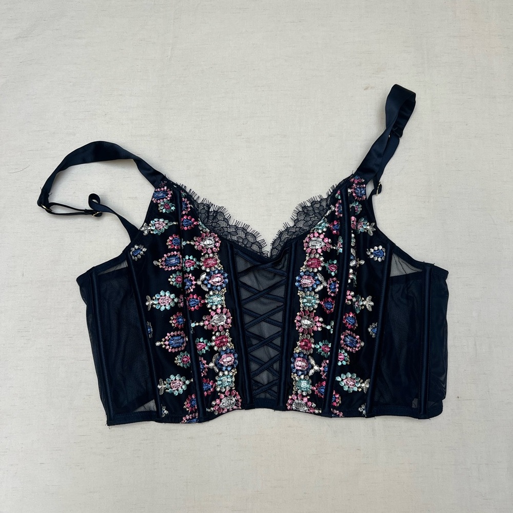Victoria Secret Unlined Bejeweled Embroidery Corset Top EUC